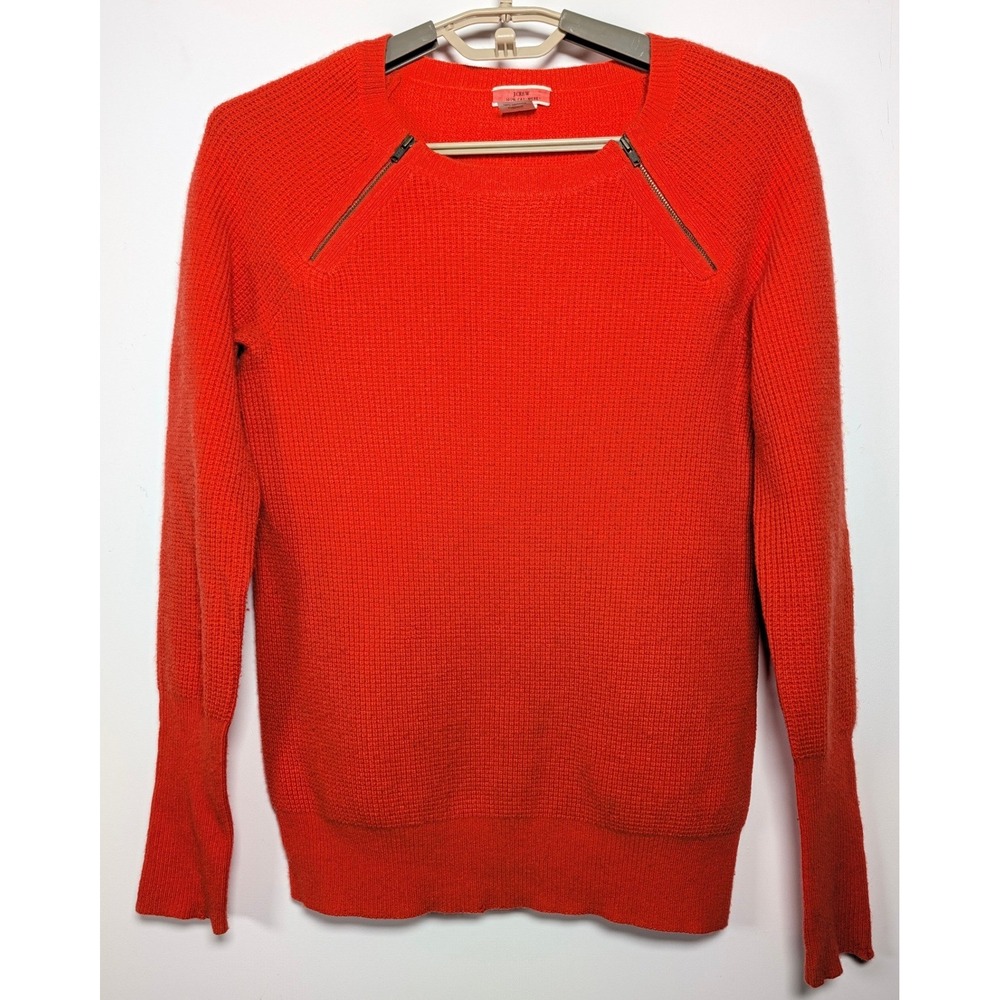 J.Crew Womens Sweater Shoulder Zip 100% Cashmere Italian Yarn Orange Red Slim S